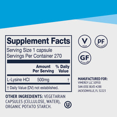 Vimergy L-Lysine packaging emphasizes triple verification and pure ingredients.