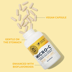 Close-up of Vimergy Micro-C label highlighting vegan, kosher, gluten-free status.