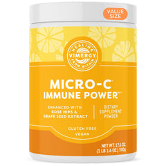 Vimergy Micro-C Immune Power tub label shows 2000 mg vitamin C per serving for immune support.