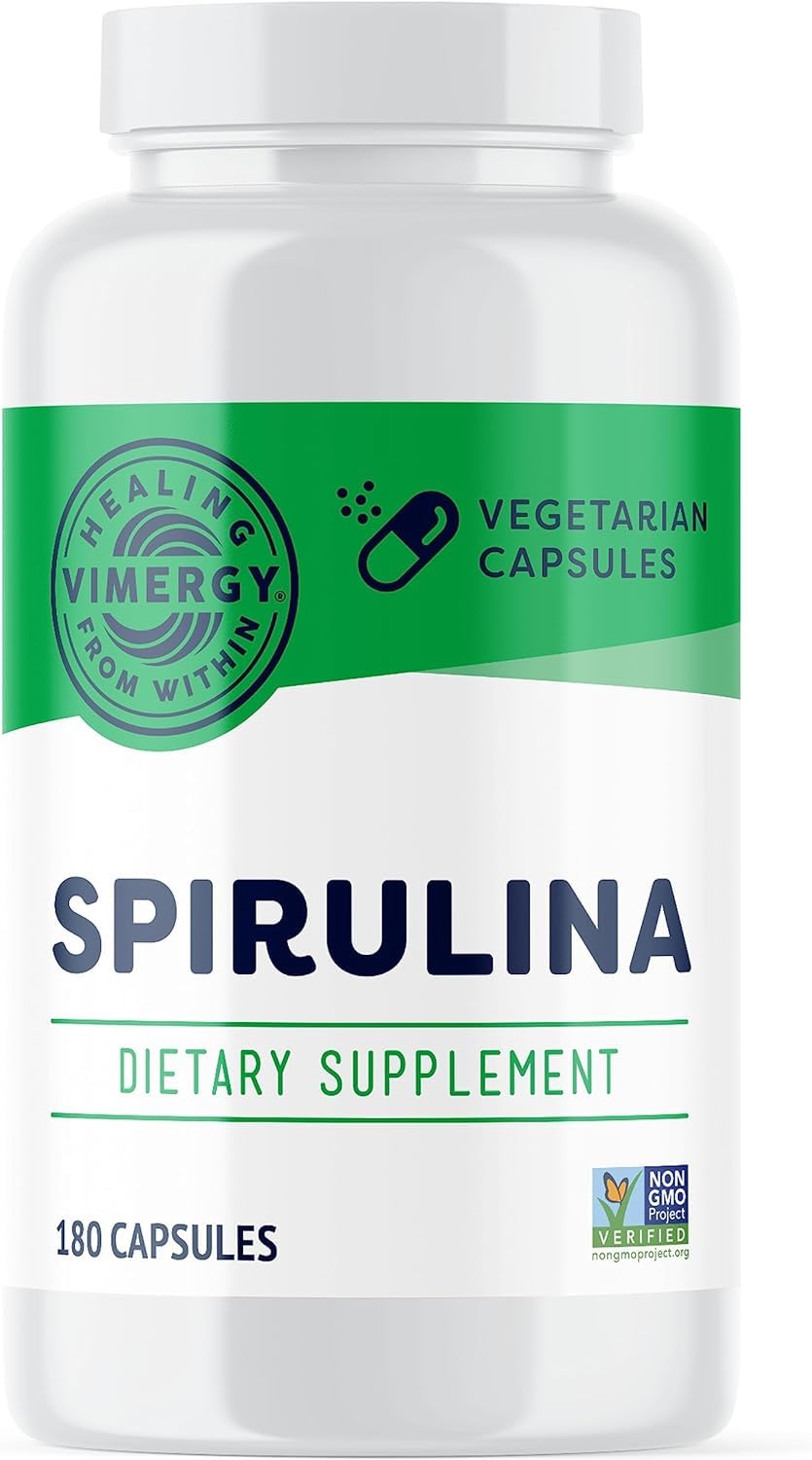 VIMERGY Spirulina bottle close-up highlighting convenient plant protein.