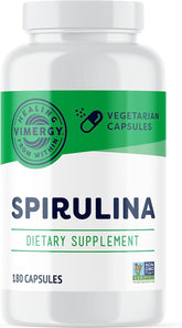 VIMERGY Spirulina bottle close-up highlighting convenient plant protein.