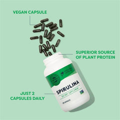 Open Vimergy Spirulina capsules indicate easy mixing into drinks.
