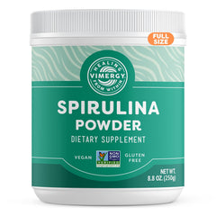 Vimergy Spirulina Powder bottle label close-up highlighting protein-rich greens for daily protein boost.