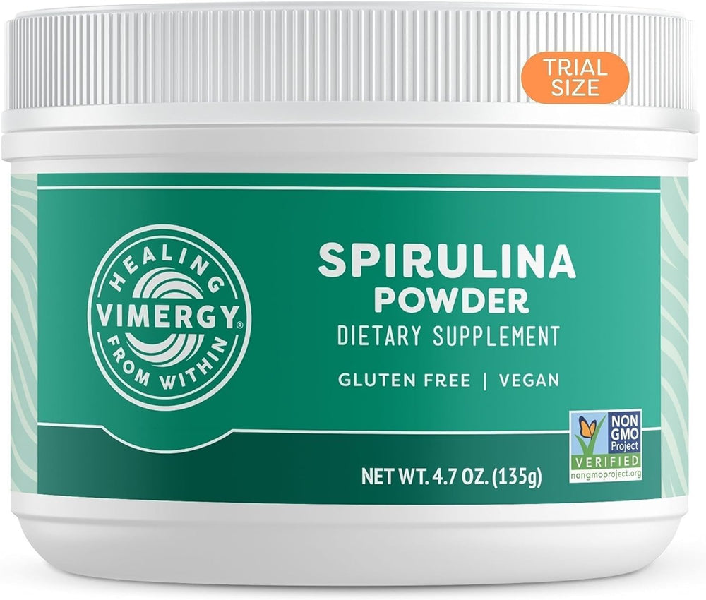 Vimergy Spirulina Powder bottle on kitchen counter, protein-rich daily energy.