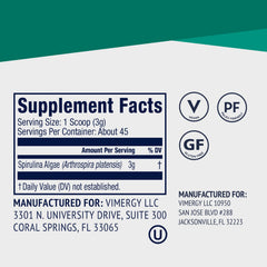 Vimergy Spirulina Powder jar label close-up, clean additive-free packaging.