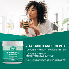 Vimergy Spirulina Powder scoop showing easy mixing for smoothies.