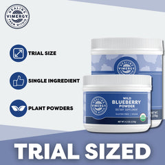 Vimergy Wild Blueberry Powder bottle on a kitchen counter for daily antioxidant support.