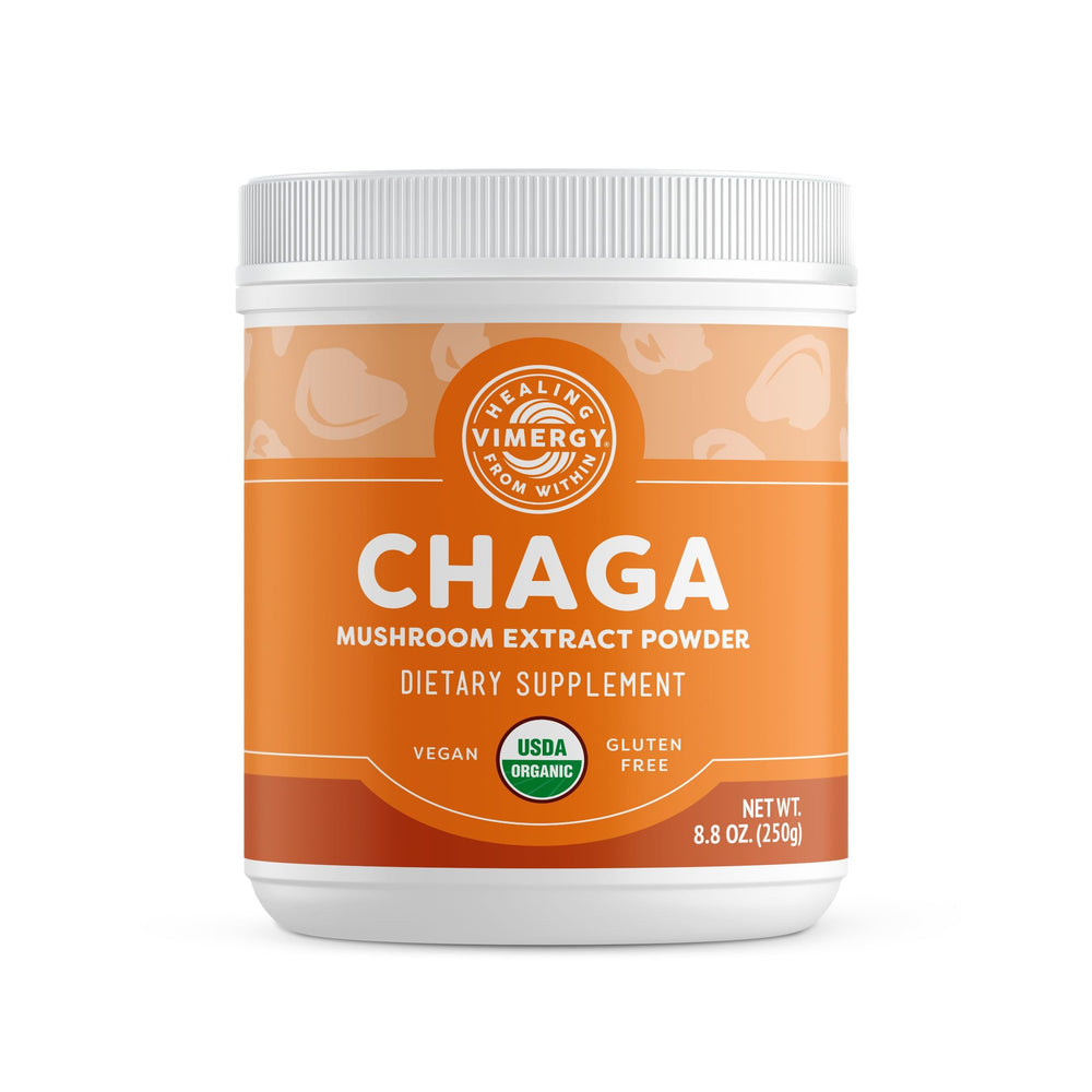 Vimergy Wild Chaga powder tub front for smoothies and tea, showcasing clean ingredients.