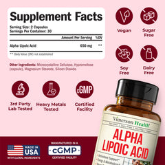 Vimerson Health Alpha Lipoic Acid 650mg bottle label highlighting vegan, non-GMO attributes.