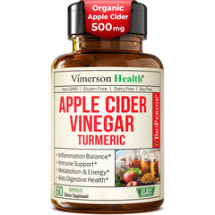 Vimerson Health capsules in bottle with ACV, turmeric, and ginger for digestive support