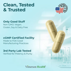 Vimerson Health stress relief pour shows capsules with a glass of water.