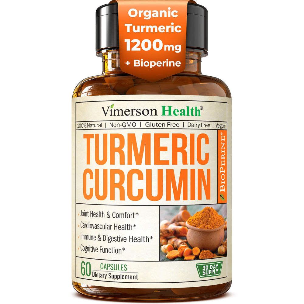 Vimerson Health turmeric curcumin 1200mg capsules bottle front supports joint comfort.