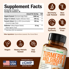 Vimerson Health label close-up highlighting organic turmeric and Bioperine for absorption