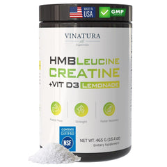 VINATURA HMB Creatine Leucine Powder lemonade scoop for quick workout fueling and strength.