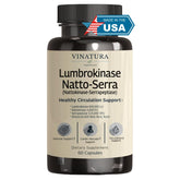 VINATURA bottle front displaying the Lumbrokinase, Nattokinase 2000FU & Serrapeptase blend for circulation support
