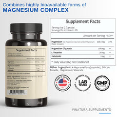 Close-up of VINATURA magnesium glycinate capsules highlighting calm relaxation support