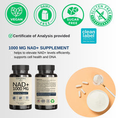 Vinatura NAD supplement label back showing ingredients and certifications.