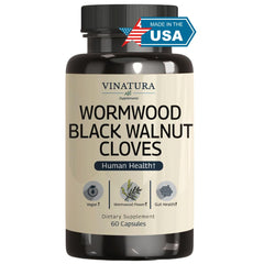 VINATURA wormwood-black walnut-clove capsules bottle for daily gut support.