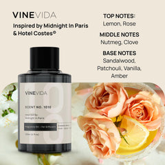 VINEVIDA No1012 fragrance oil bottle with diffuser promoting refined hotel-inspired atmosphere.