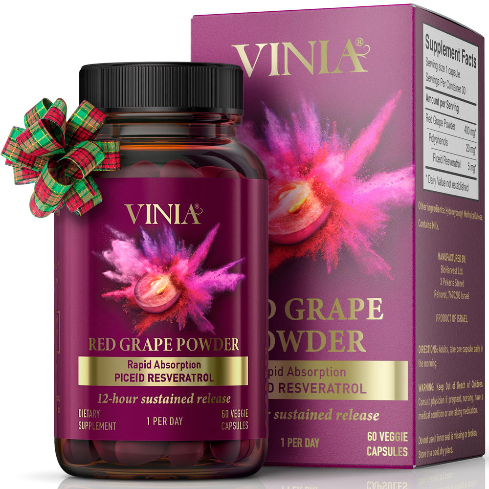 VINIA Piceid Resveratrol bottle front showing premium cardiovascular wellness packaging