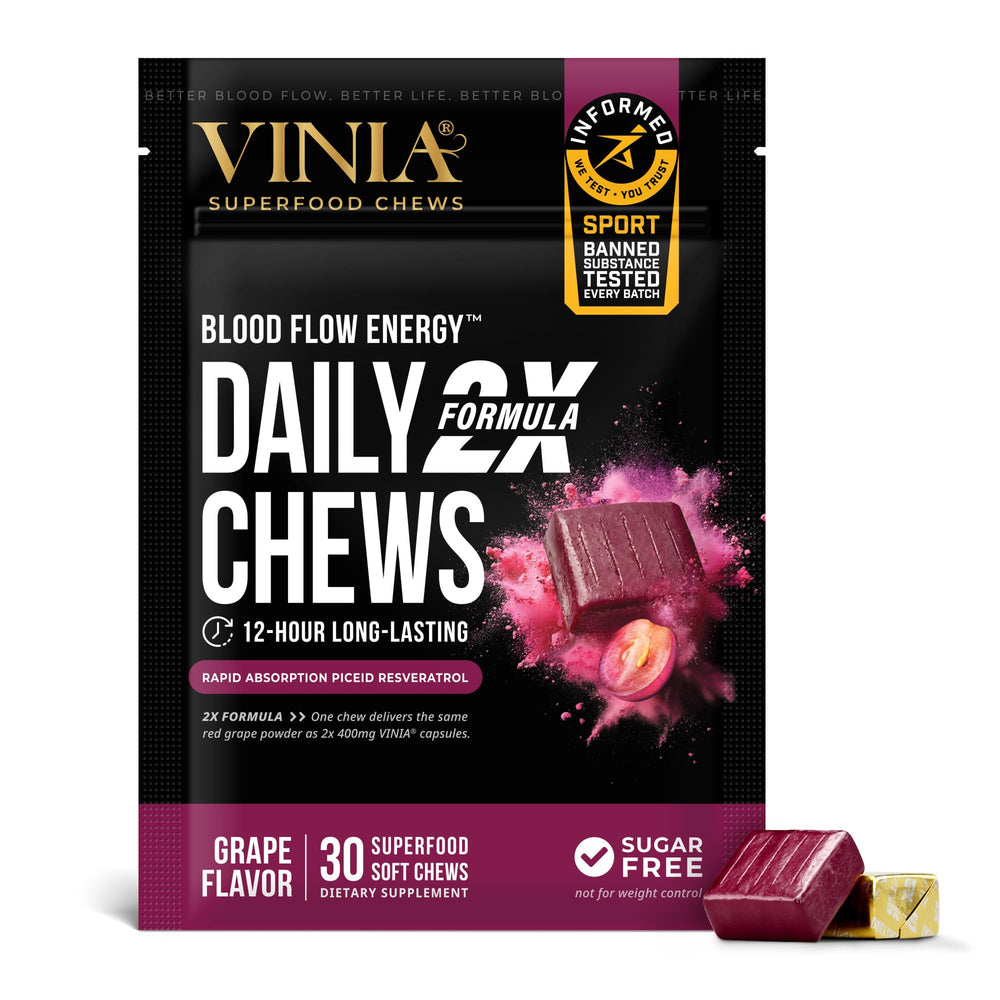 VINIA Resveratrol Heart Chews bottle front showing grape polyphenols for daily circulation support.