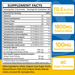 VIOAFSLSE Gut Health Gummies bottle-back displaying ingredients and potency.