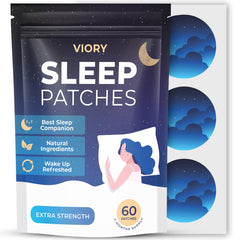 VIORY Sleep Patches packaging shows a ready-for-night routine with natural ingredients for restful nights.