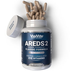 VisiVite AREDS2 bottle front highlighting a doctor-formulated macular support supplement