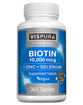 Vispura Biotin 10000 mcg bottle close-up showing potential hair, skin, and nails support.