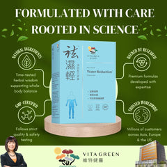 Close-up of Vita Green Water Reduction Pills capsules and herbal blend