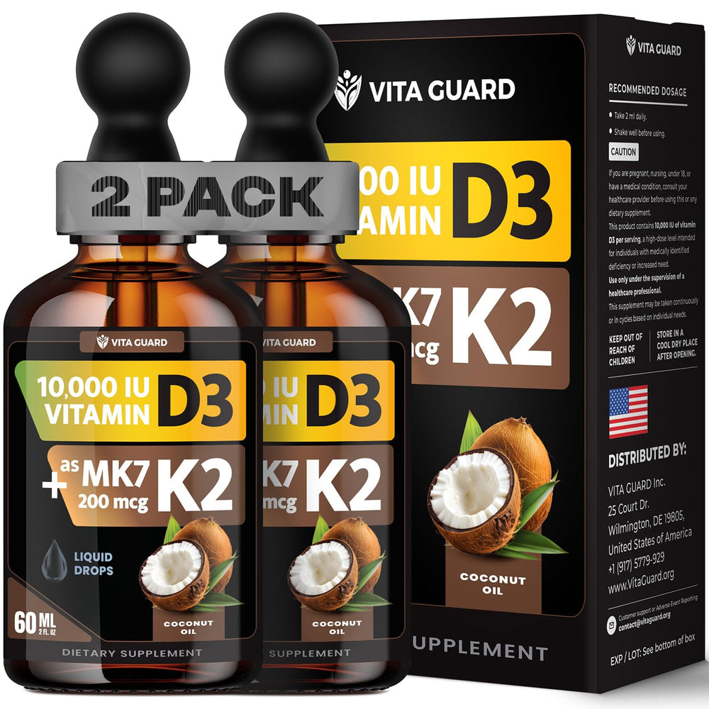 Vita Guard D3K2 drops bottle close-up highlighting high absorption and bone support