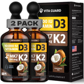 Vita Guard D3K2 drops bottle close-up highlighting high absorption and bone support