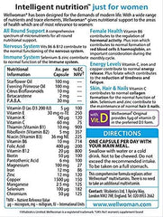 Vitabiotics Wellwoman packaging on desk with branding and usage details.