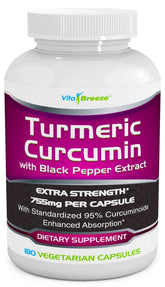 VitaBreeze Turmeric Curcumin bottle with 180 capsules for enhanced absorption.
