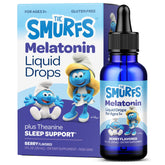VITABURST Smurfs melatonin drops bottle close-up for kid-friendly sleep support.