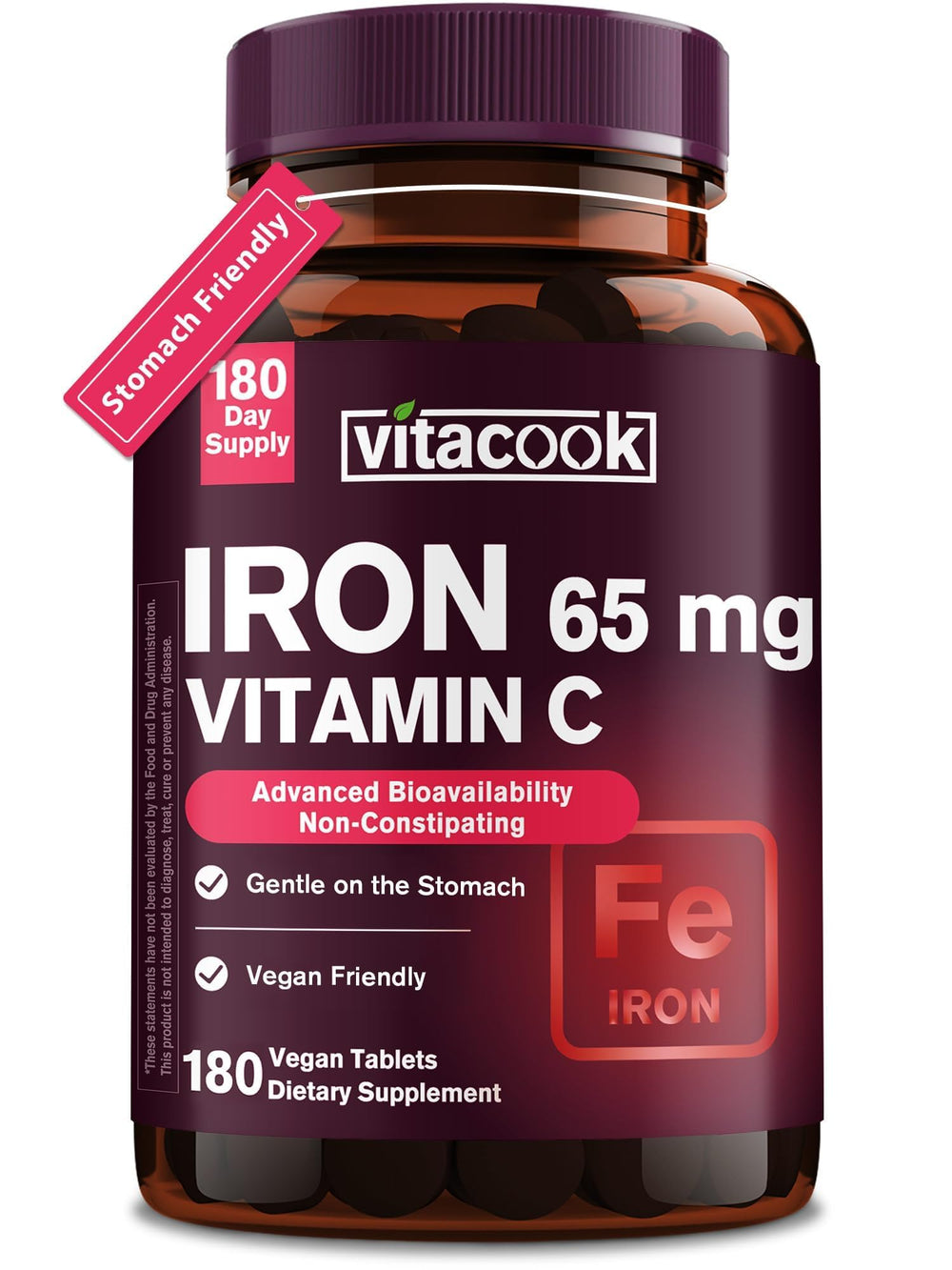 Vitacook iron 65mg tablet close-up shows compact, easy-to-swallow daily option.