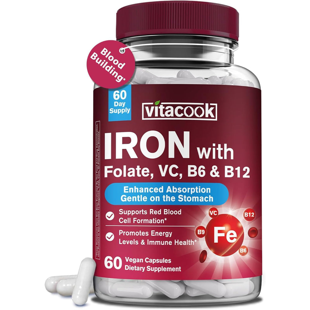 Vitacook Iron Supplement bottle with vegan capsules for daily energy support