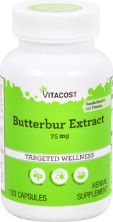Vitacost Butterbur Extract bottle cap close-up showing 75 mg standardized capsules.