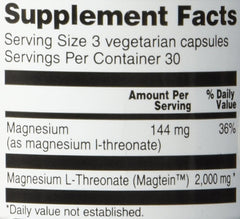 Vitacost Magtein nutrition facts panel focuses on serving magnesium per dose