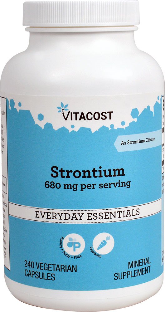 Vitacost Strontium 680mg serving bottle shows easy-to-take capsules for bone health support.