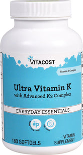 Vitacost Ultra Vitamin K bottle highlights high-potency K1/K2 for bone and heart support.