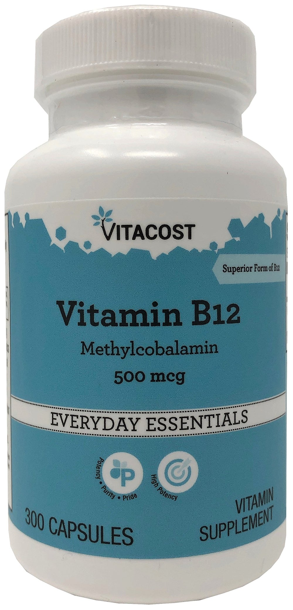 Vitacost Vitamin B-12 Methylcobalamin bottle highlighting high potency and daily energy support