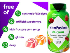 Vitafusion calcium gummies label closeup highlights natural fruit and cream flavor.