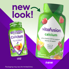 Vitafusion calcium gummies label nutrition close-up with calcium and vitamin D.