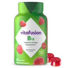 Vitafusion Vitamin B12 Gummy bottle front, raspberry flavor, energy support.