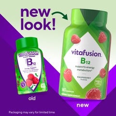 Vitafusion Vitamin B12 Gummy bottle label close-up highlights 1000 mcg per serving.