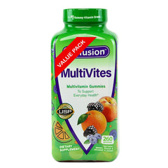 Vitafusions Multivites gummies bottle offering daily nutrients through colorful fruit flavors.
