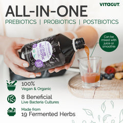 VITAGUT liquid probiotic pour into glass for easy daily intake.