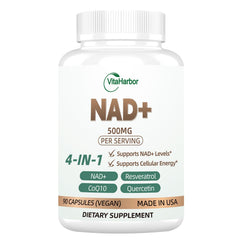 VitaHarbor NAD 500mg bottle with label highlighting vitality and energy