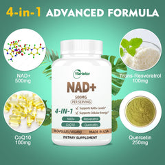 Close-up of VitaHarbor NAD capsules showing the 4-in-1 formula